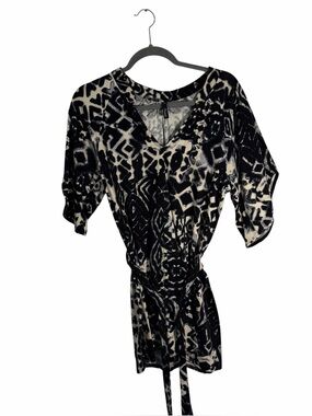 Viereck Abstract Print V-Neck Dress with Tie Belt